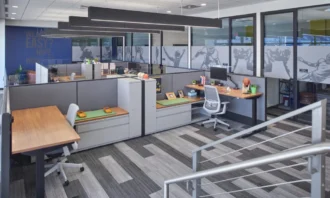 Office cubicles with a bright orange and lime green color
