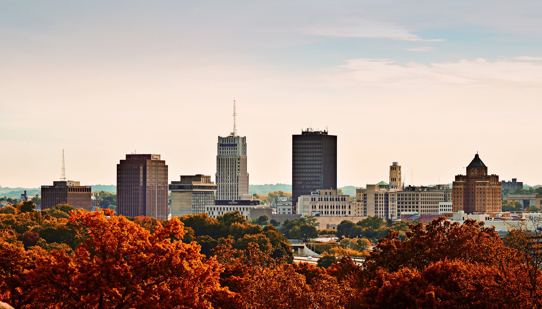 View of the downtown Akron skyline during the fall season.