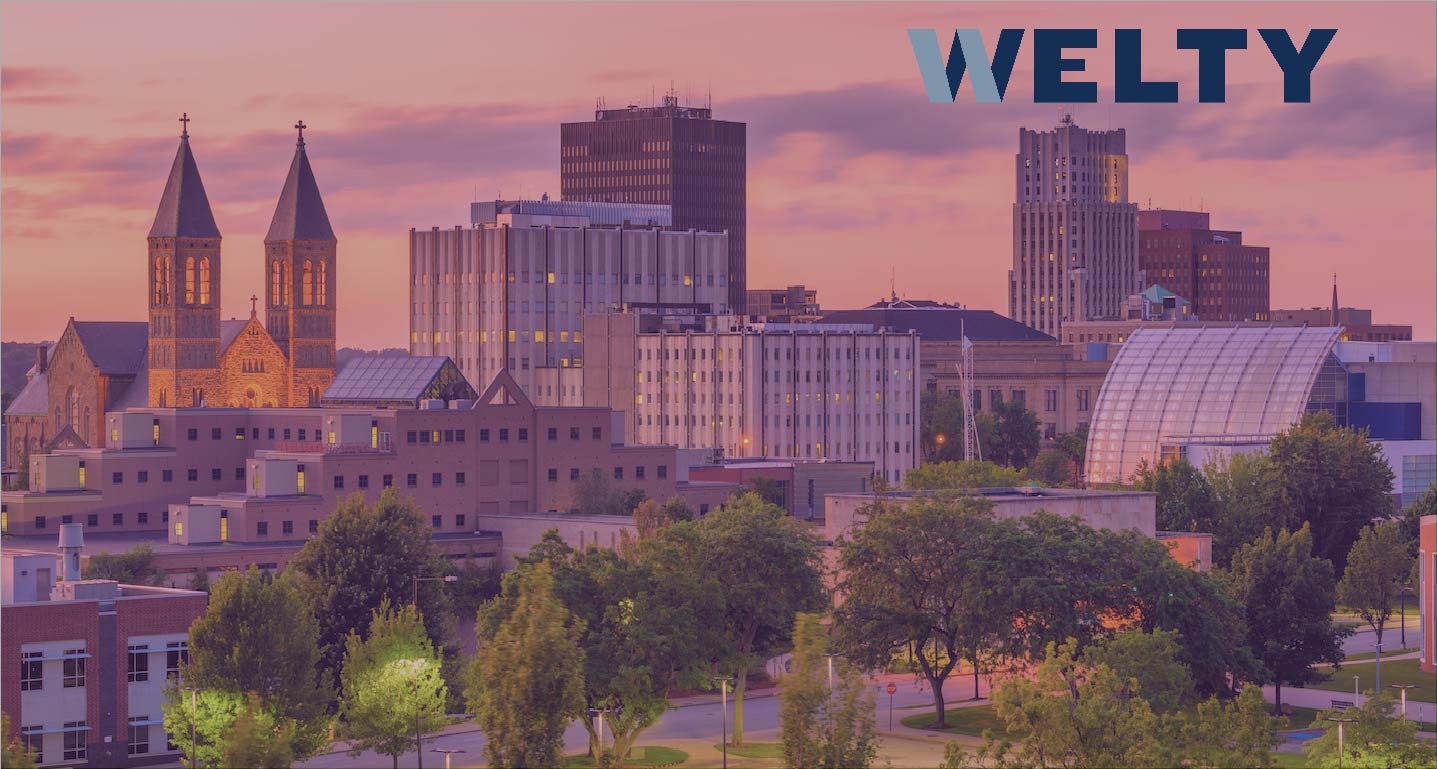 Overhead view of downtown Akron.