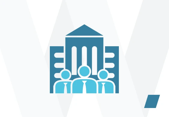 Three person icons with ties in front of a large building icon