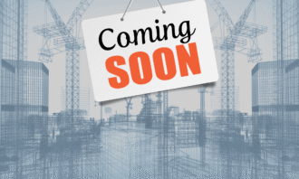 Coming soon sign in front of a construction site illustration