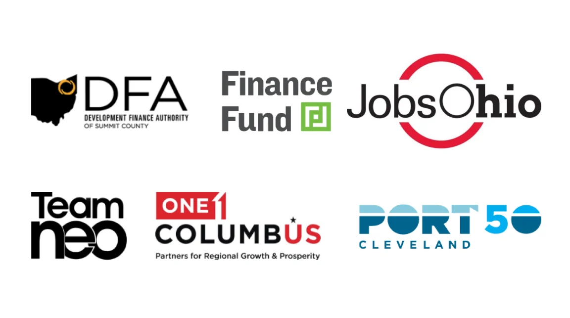 Logos of regional economic development and workforce organizations, including DFA Development Finance Authority of Summit County, Finance Fund, JobsOhio, Team NEO, One Columbus, and Port of Cleveland.