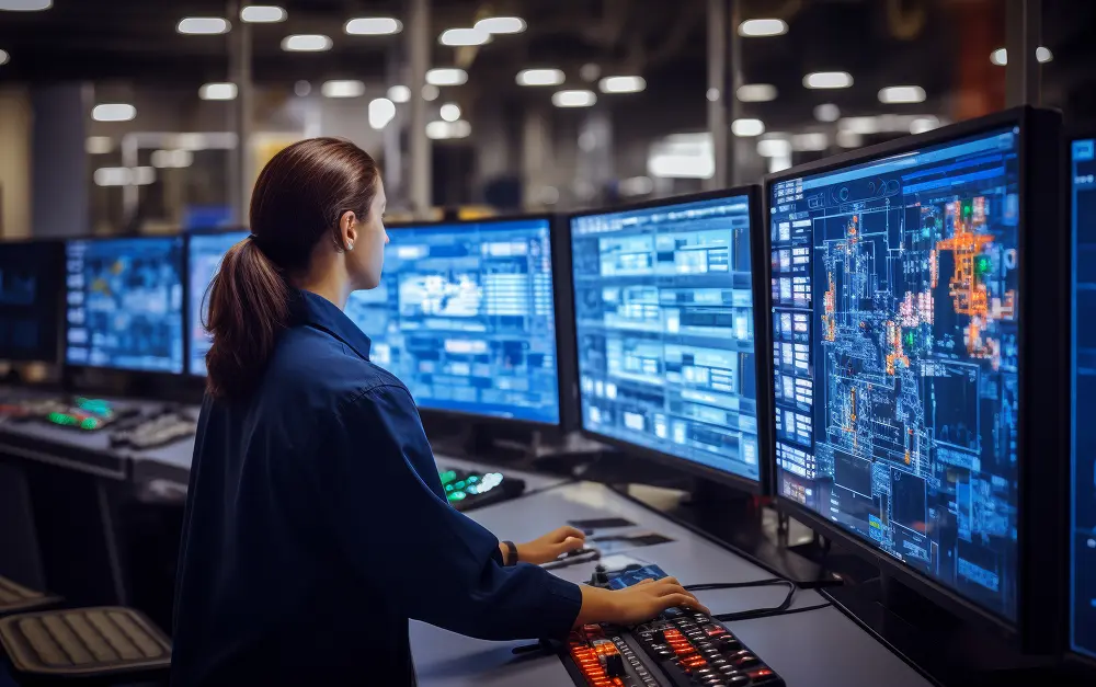 Energy infrastructure specialist monitoring digital systems in a mission critical operations center