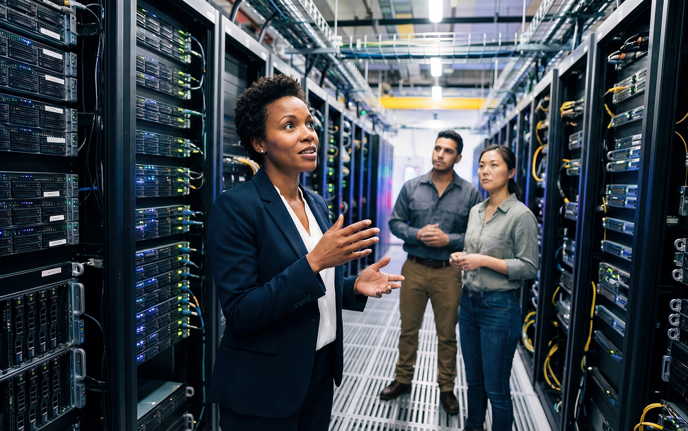 Team talking in a data center