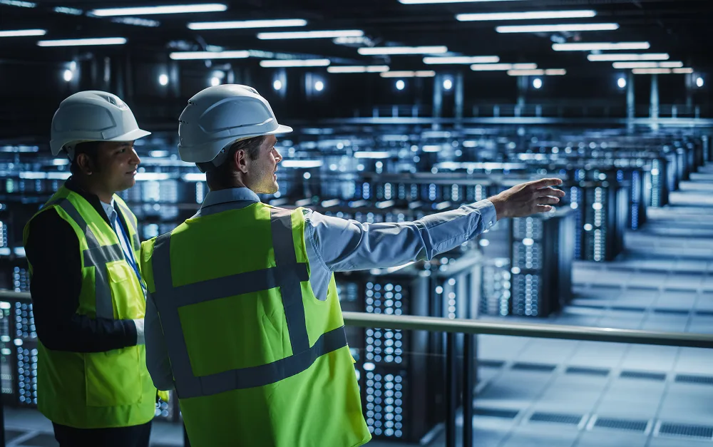 Engineers reviewing a mission-critical data center to support infrastructure planning and development services