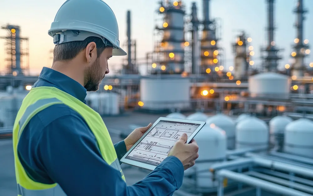 Project manager reviewing plans at an active energy infrastructure site