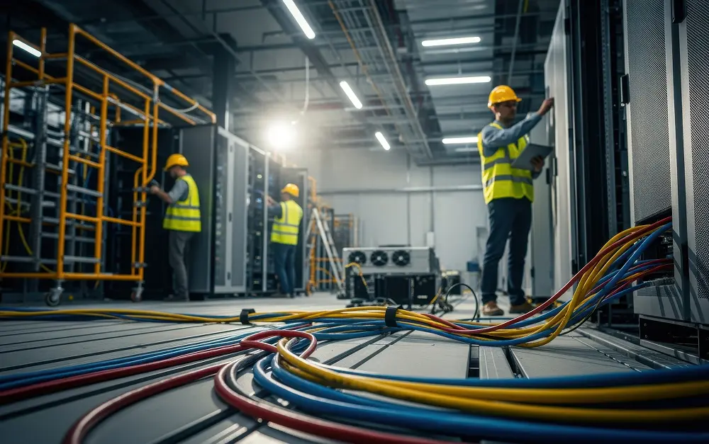 Technicians working inside a mission critical data center infrastructure facility